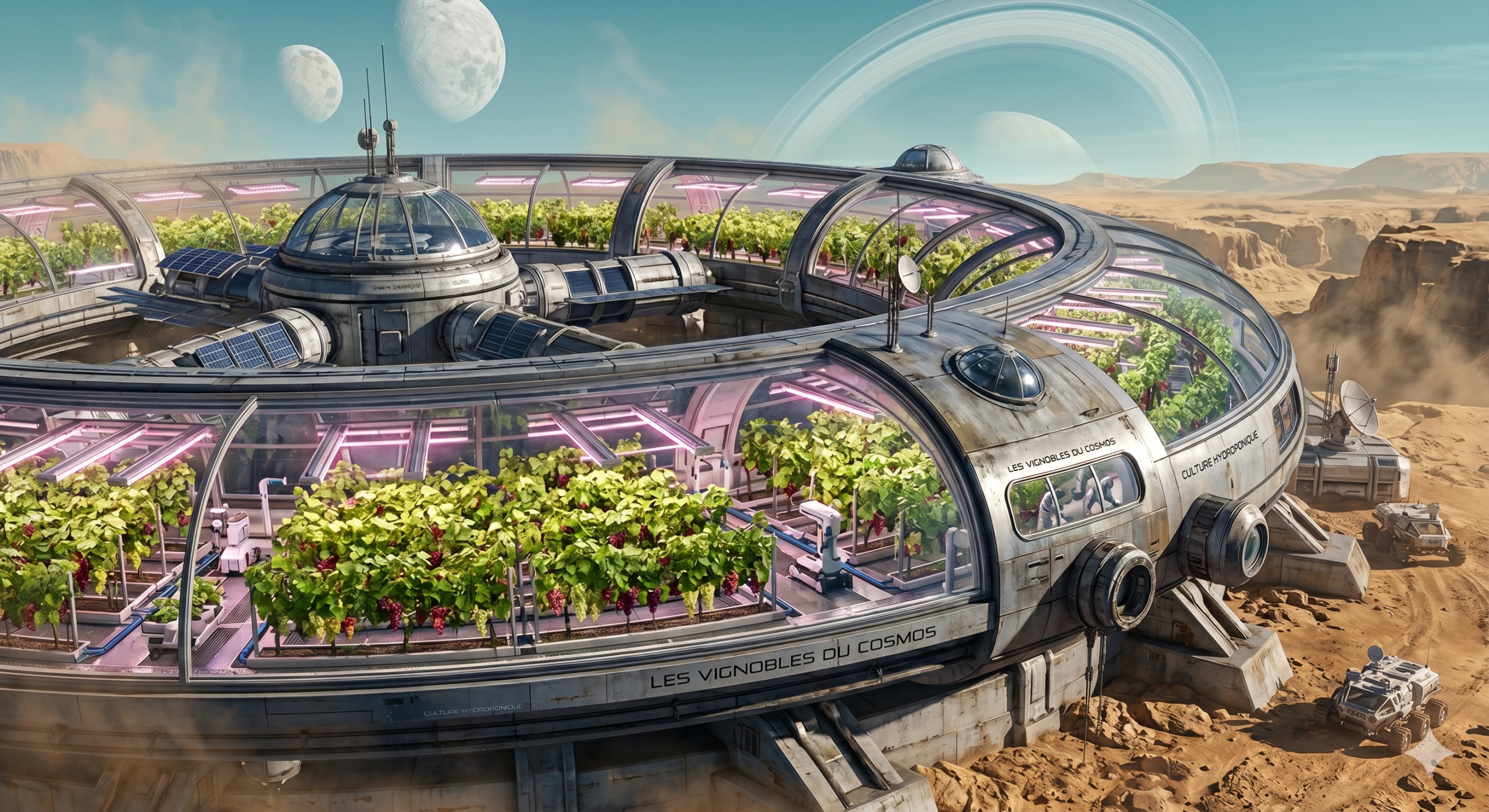 Dôme abritant un vignoble intergalactique sur une planète aride, étape d'un voyage oenologie de Pluton